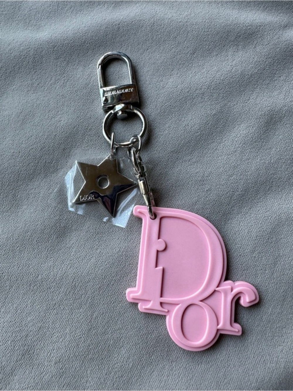 Dior Pink Logo Key Ring with Silver Star Charm